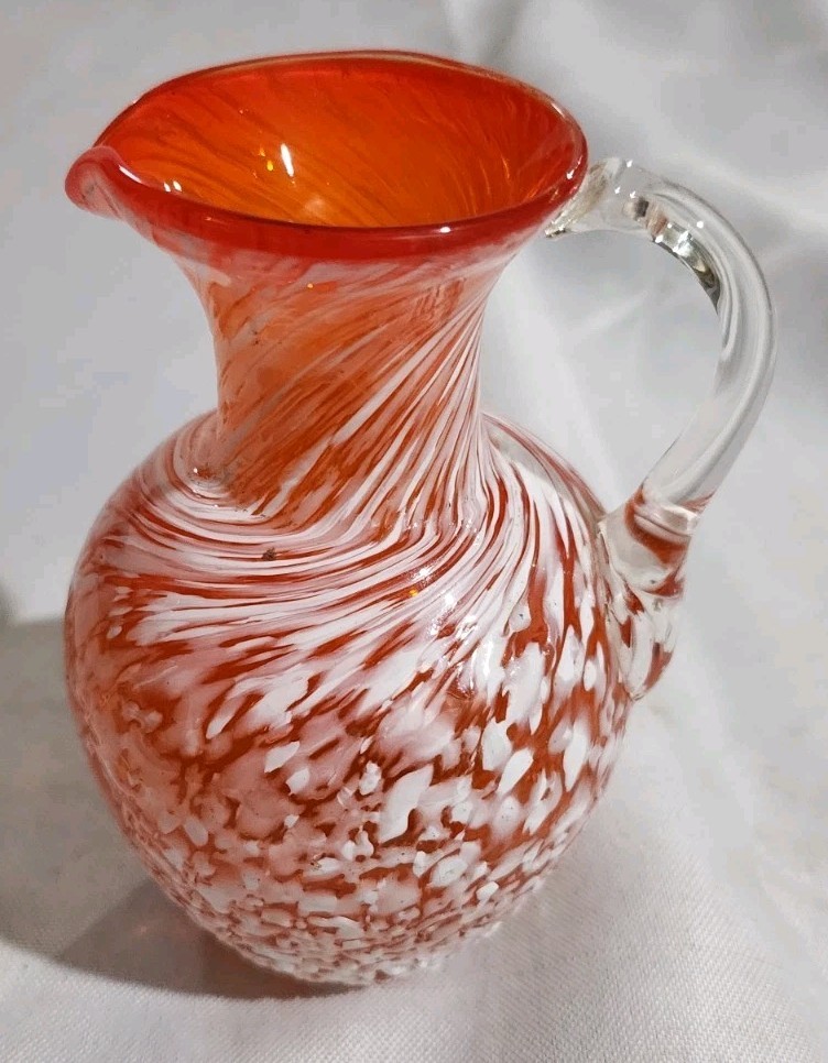 4"T Hand Blown Orange Spatterware Clear Handled Pitcher