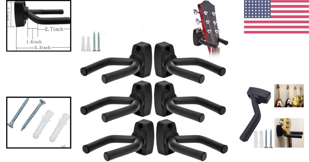 Multi-Instrument Wall Mount Hook Set - Sturdy, Easy Install Guitar Hangers