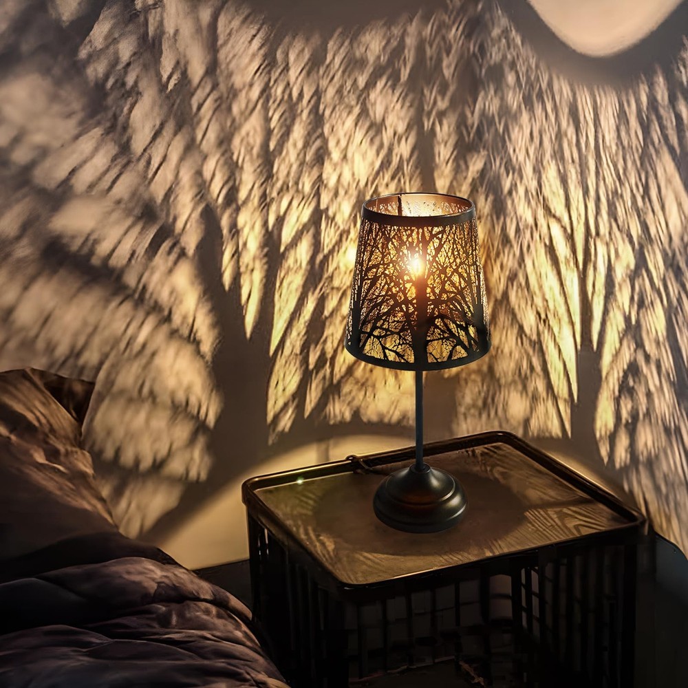 3 Level Dimmable Touch Table Lamp, Black Metal Tree Pattern Shadow Lamp, Smal...
