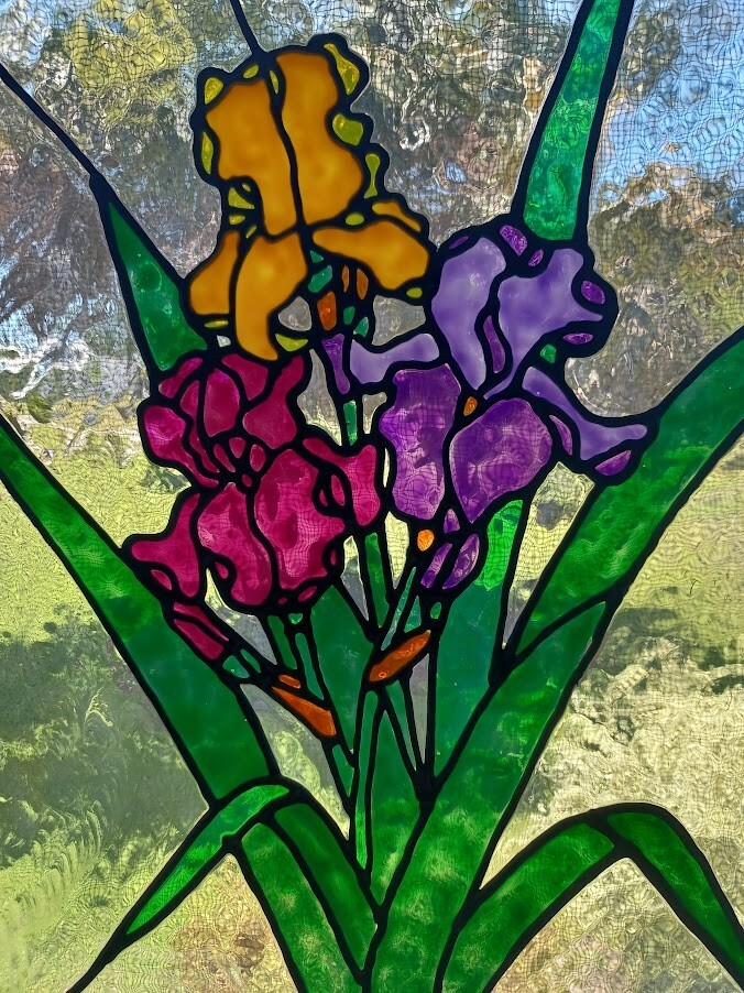 Irises Stained Glass Window Panel Hand Painted