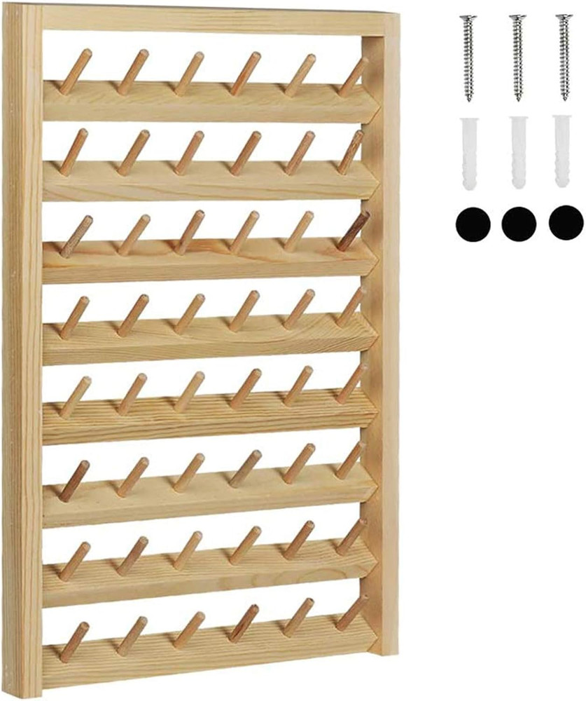 48-Spool Sewing Thread Rack, Wall-Mounted Thread Holder with Hanging Hooks, Wood