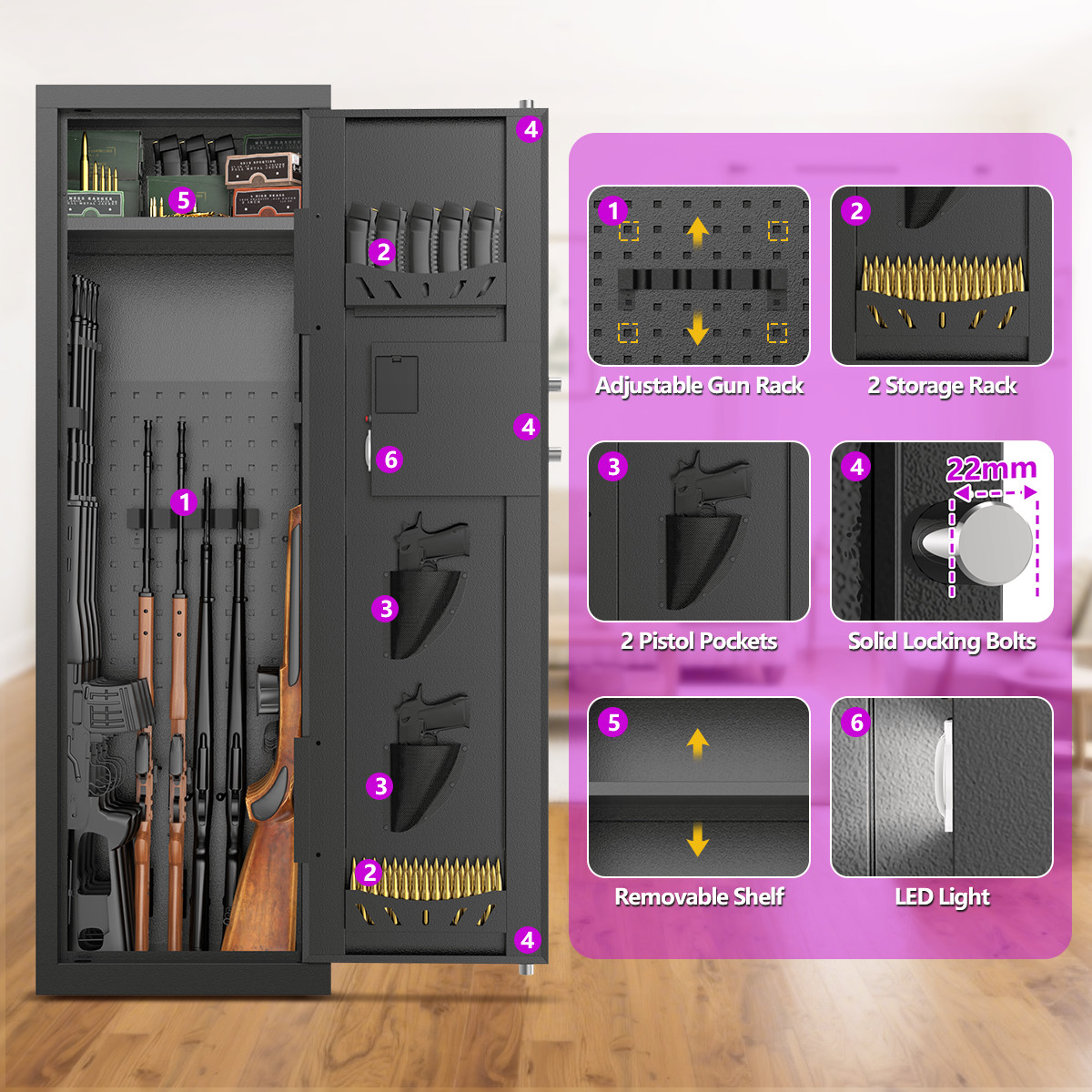 8-10 Rifle Pistols Cabinet Gun Safe Quick Access for Home Security Unassembly