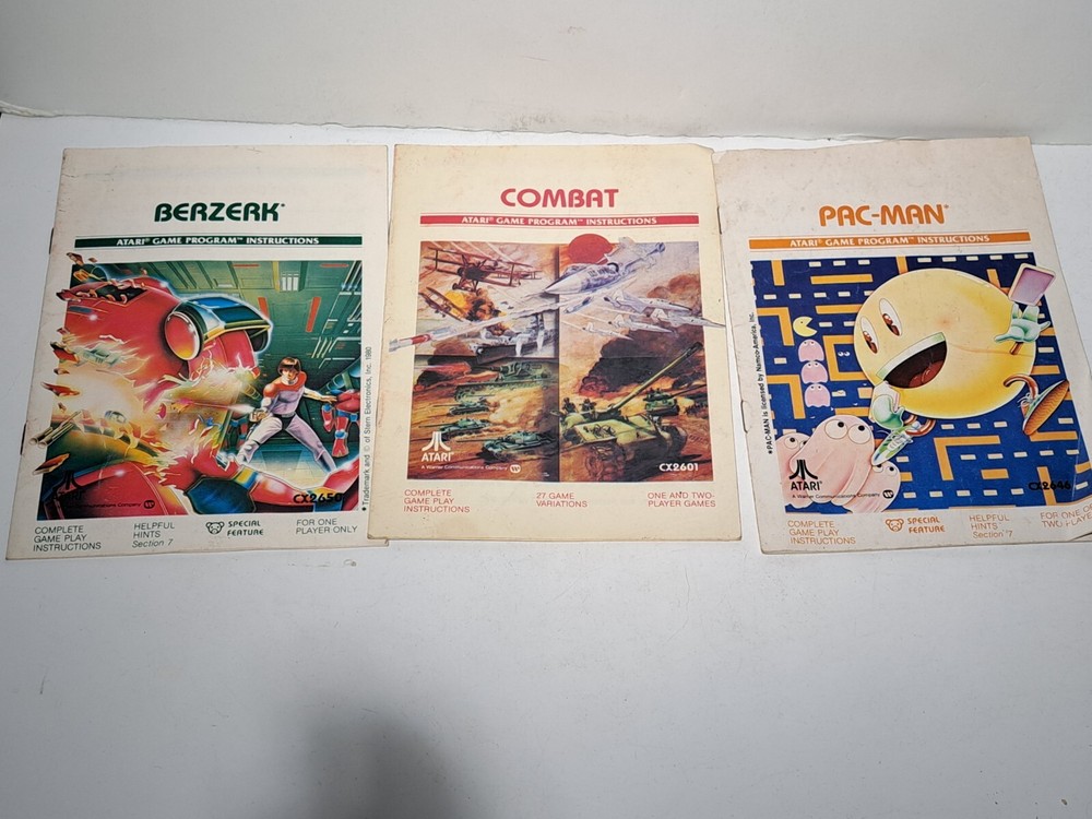 3 VINTAGE ATARI GAME PROGRAM INSTRUCTIONS PAC-MAN,COMBAT & BERZEK 1977 - 82
