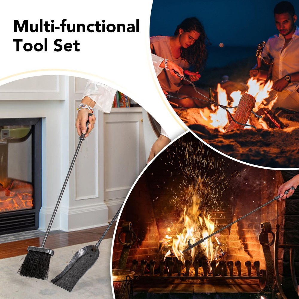5 Pieces Fireplace Tools Set, Wrought Iron with Silver Pattern Fireplace Acce...