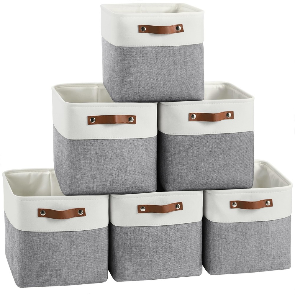 Cube Storage Baskets 6 Pack, 11x11 inch Cube Storage Bins with Leather Handle...