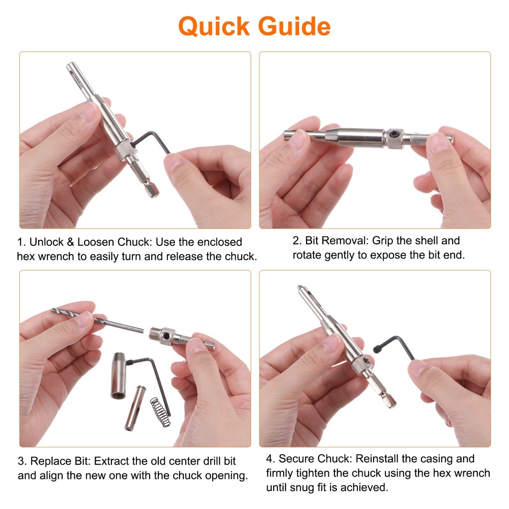 2pcs Self Centering Drill Bit Set 7/64" Hex Shank 1/4" for Hinges, Silver