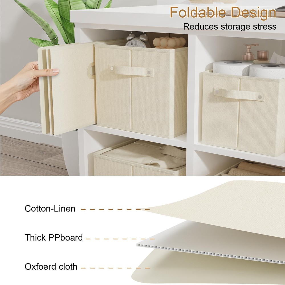 Foldable Cloth Basket with 4 Handles, Decorative Open Storage Boxes, Stackabl...