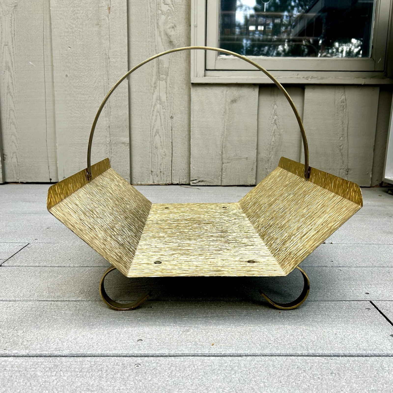 VTG Mid Century Brutalist Metal Brass Log Holder Hearth Fireplace 18x15.5x7