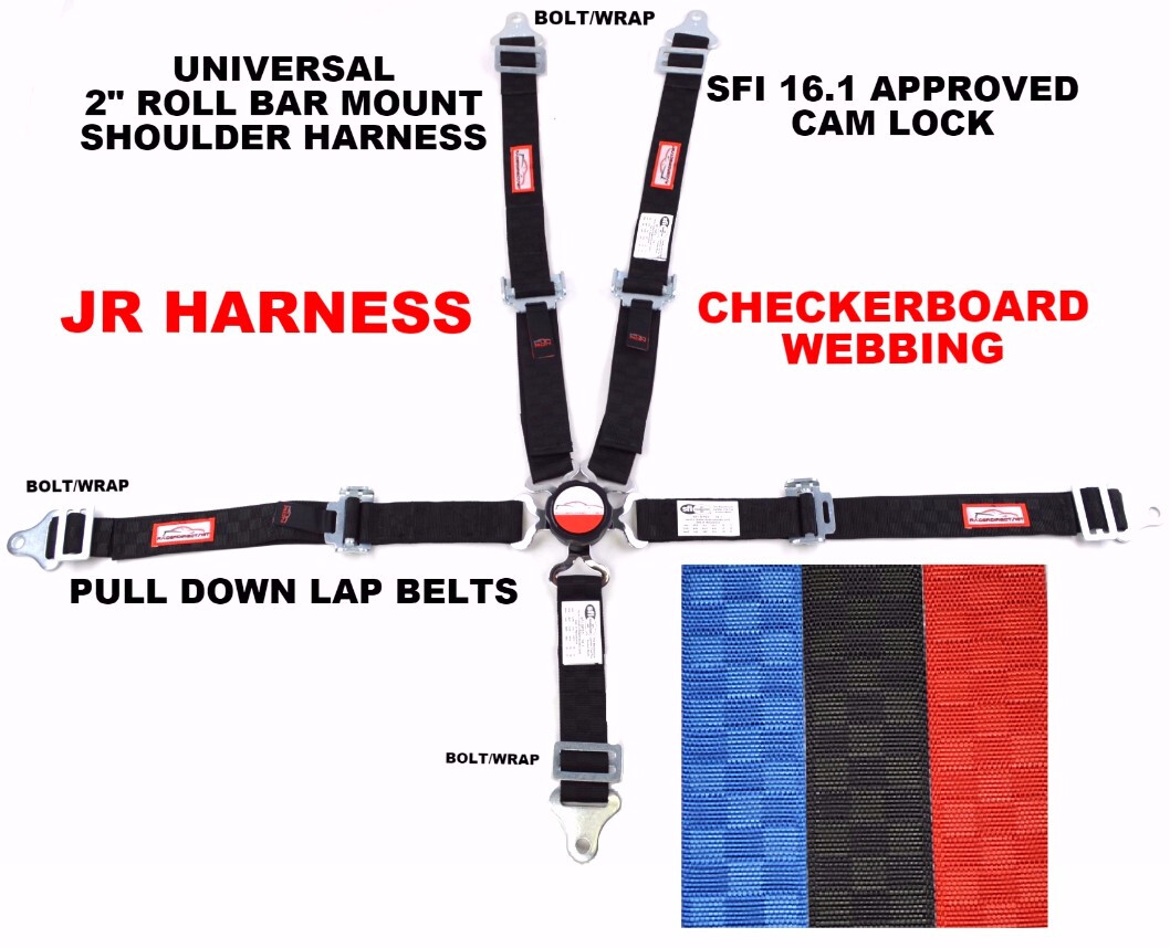 JR DRAGSTER HARNESS 5 PT 2" SFI 16.1 PULL DOWN UNIVERSAL CAM LOCK BLACK CHECKER