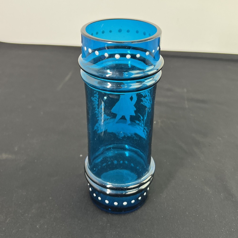 VINTAGE BLUE GLASS PICKLE JAR HAND PAINTED SILVER PLATE LID