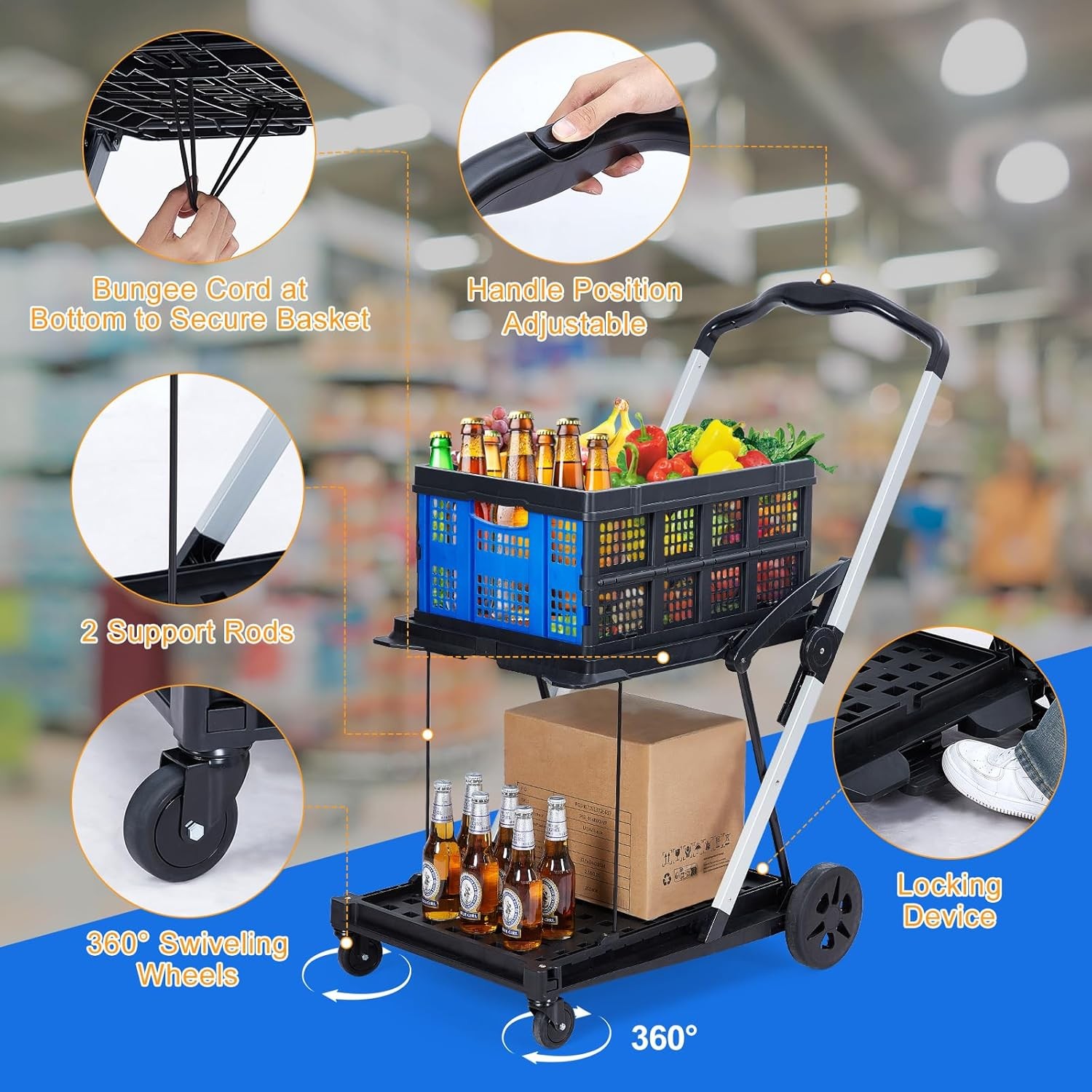 Collapsible Shopping Cart with Wheels & Removable Storage Crate for Supermarket