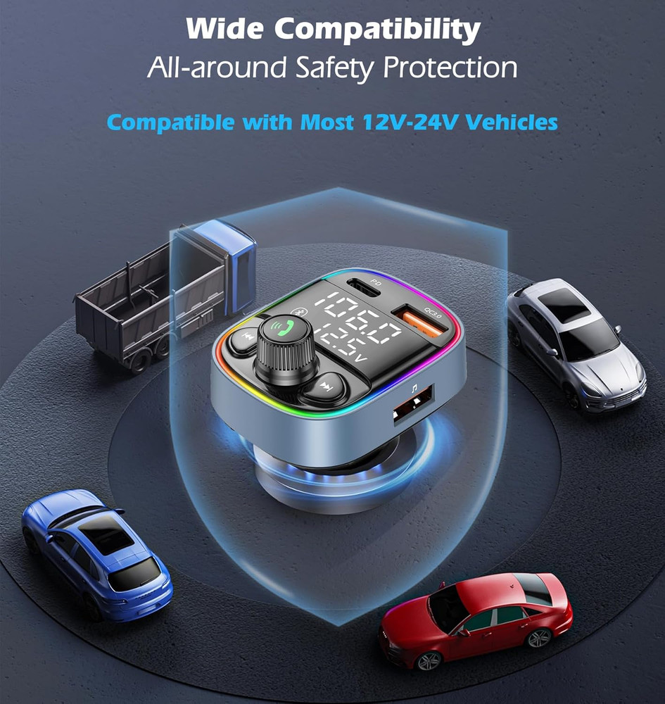 Bluetooth 5.4 Bluetooth Car Adapter, FM Transmitter with Qc3.0/Type-C 42W Fast C