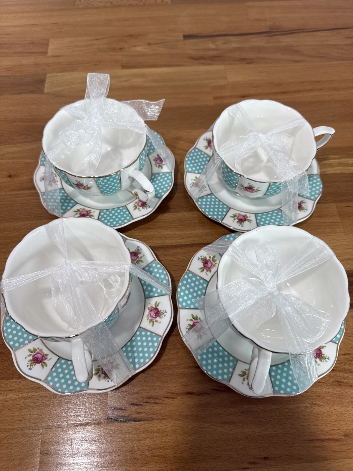 Elegance Porcelain Teal & White Teacup and Saucer With Gold & Flowers Set Of 4