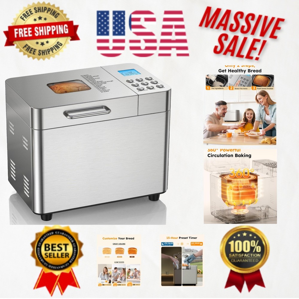Stainless Steel 2LB Bread Machine with Custom Programs & 15-Hour Delay Timer