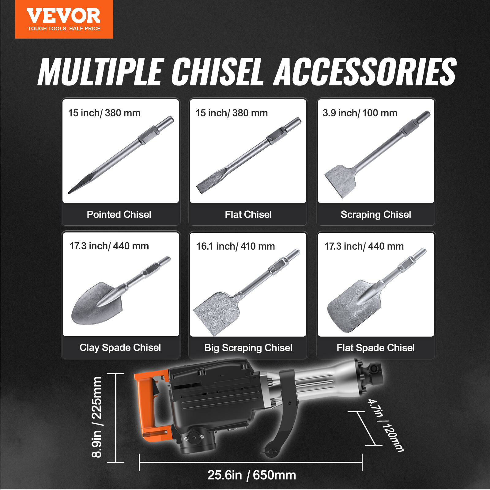 VEVOR Demolition Jack Hammer Concrete Breaker 2200W Hammer 6 Chisel Bits Black