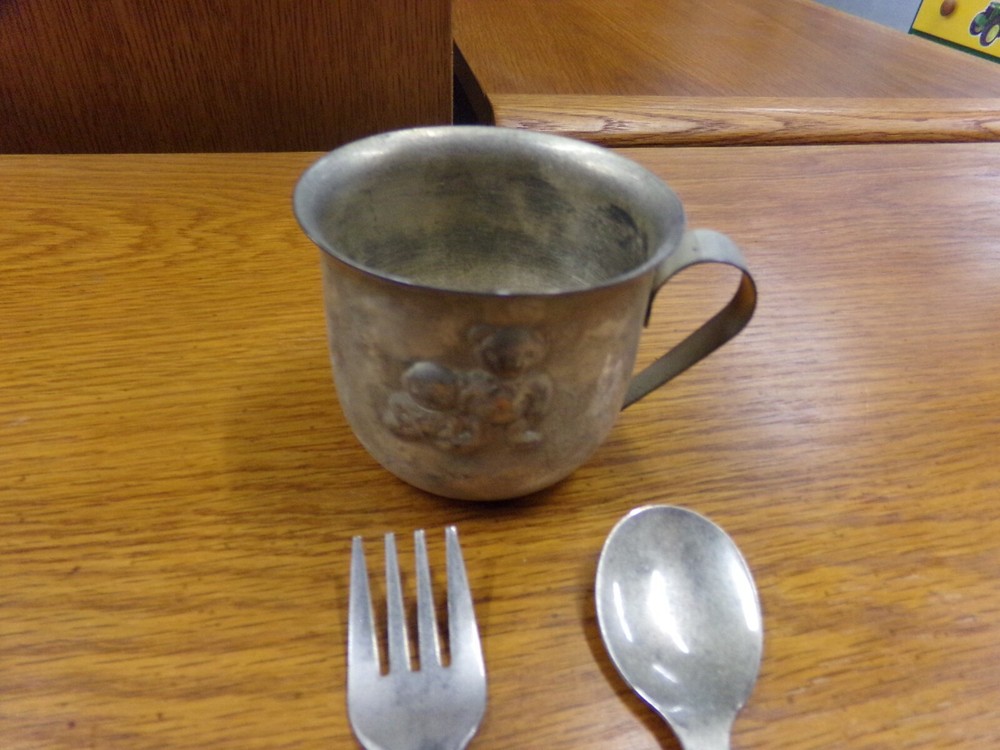 Vintage Godinger Silver Plated Bear Themed Children's Cup- Plate-Spoon-Fork Set
