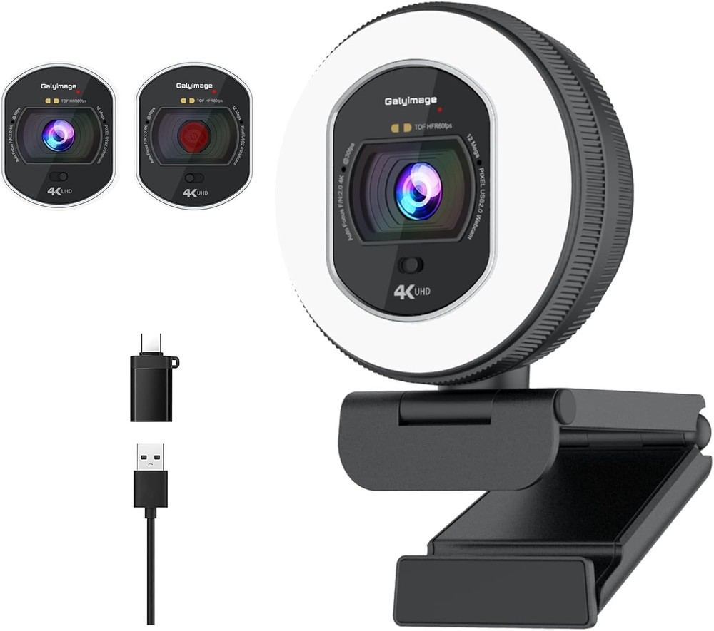 4K Webcam with Ring Light Web Cam 4K Autofocus with TOF Computer Camera 1080P 60