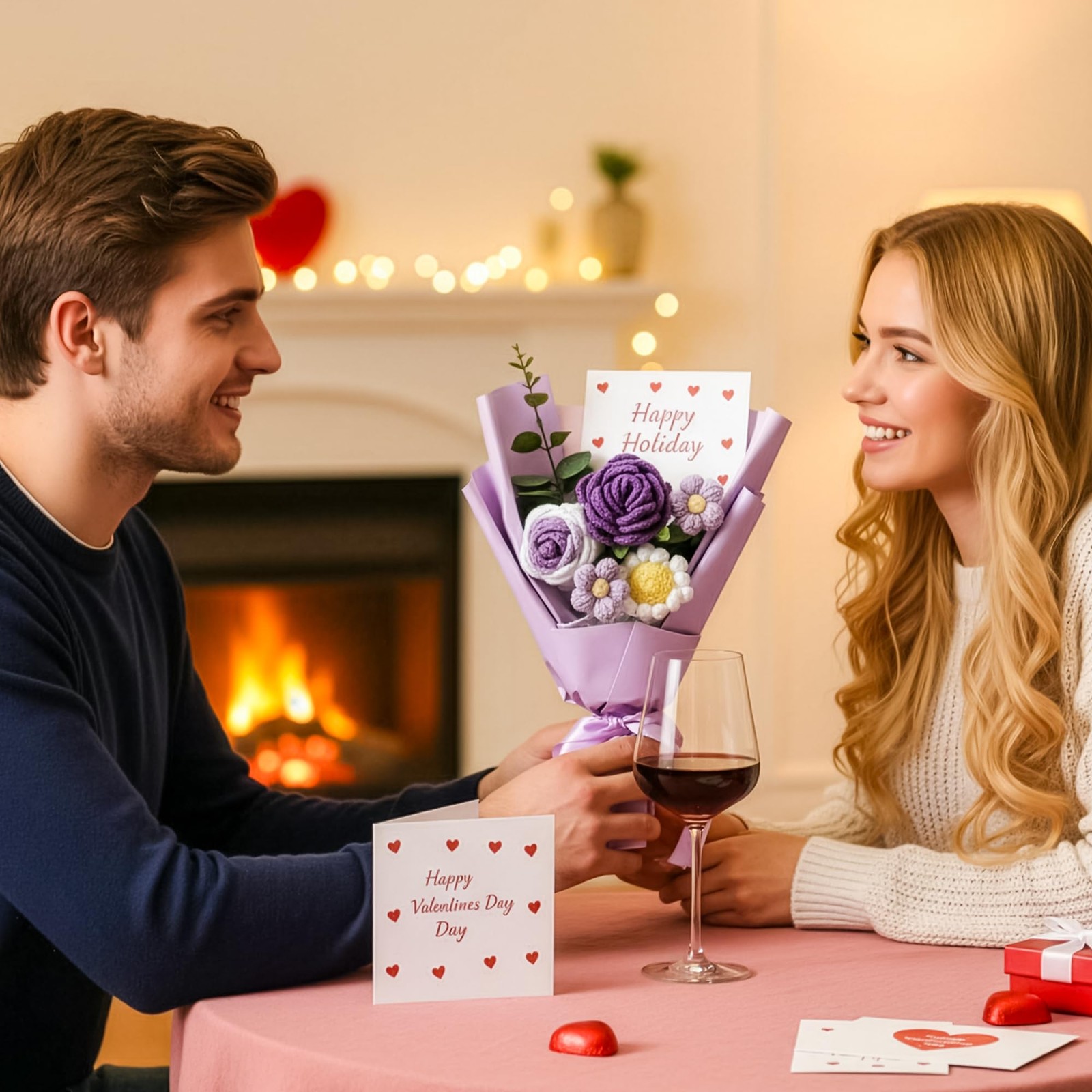 Omldggr Crochet Flowers Bouquet, Knitted 14 x 7.8 x 2.4 inches, Purple-rose