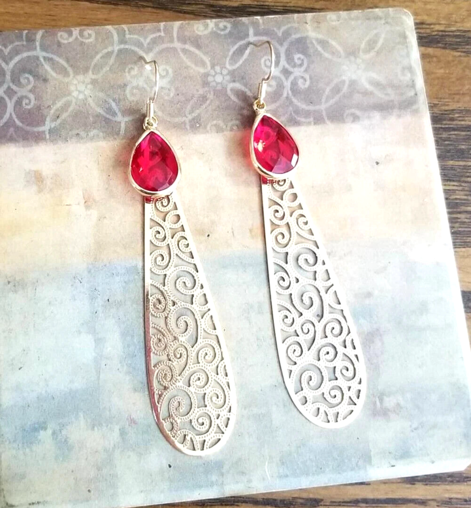 14k Gold Ruby Red Crystal Earrings Long Dangle Earrings Teardrop Earrings