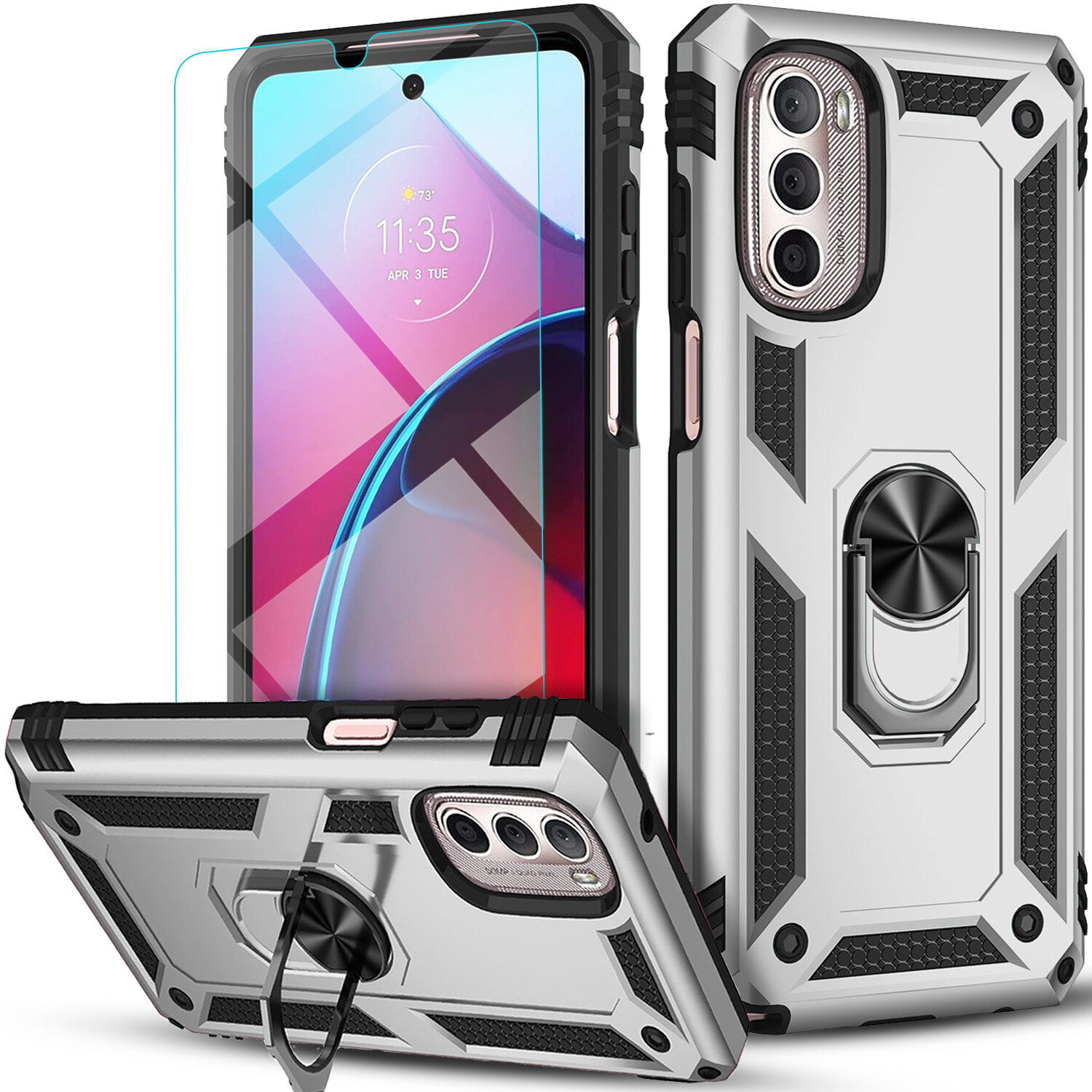 For Motorola Moto G 5G 2023 2022 Case Ring Stand Cover +Tempered Glass Protector