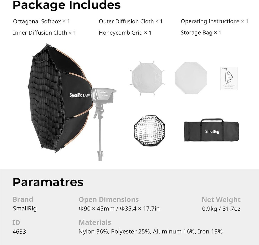 SmallRig 35"/90cm Softbox LA-O90 Quick Release Octagon Soft Box for Camera 4633
