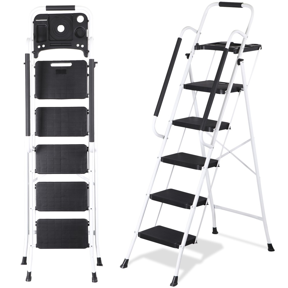 Folding 5 Step Ladder Sturdy Step Stool w/ Multi-Functional Tool Tray Household