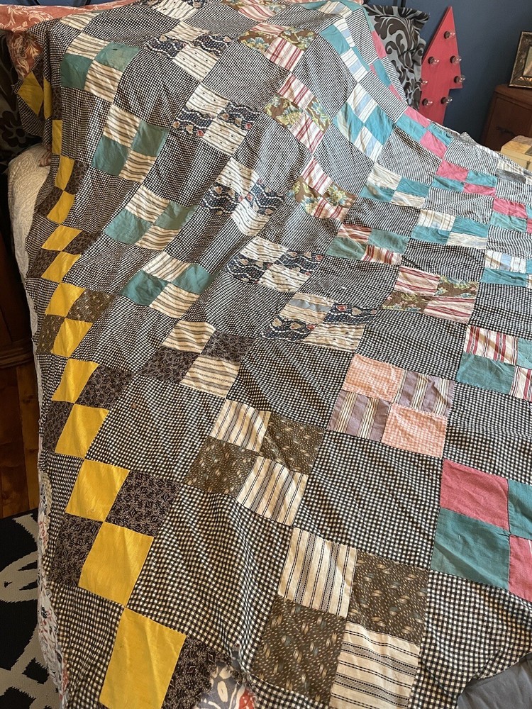 Vintage Quilt Top Handmade Patchwork Cotton Gingham Cheddar