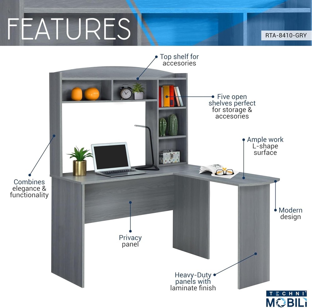 Modern Hutch L-Shaped Computer Desk Grey