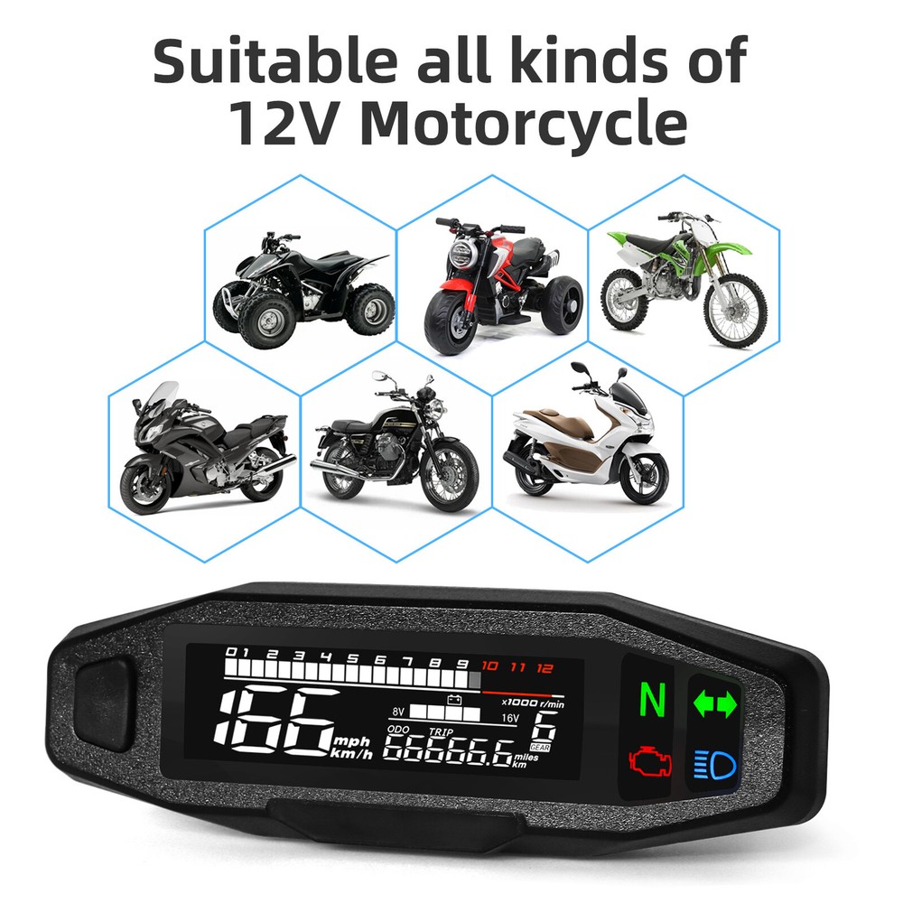 LCD Digital Motorcycle Speedometer Odemeter Tachometer Gear Indicator w/ Bracket