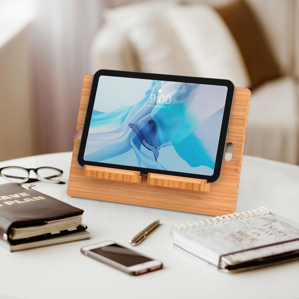 Multi-Angle Bamboo Tablet Holder for Smartphones & Tablets - Adjustable Size