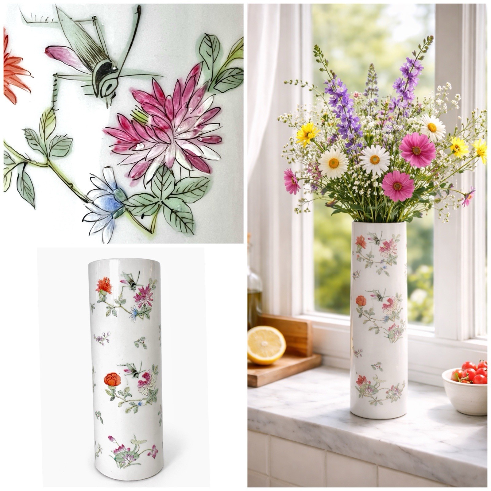 Vintage Chinese Porcelain Sleeve Vase 9” Floral Grasshopper Made In Hong Kong