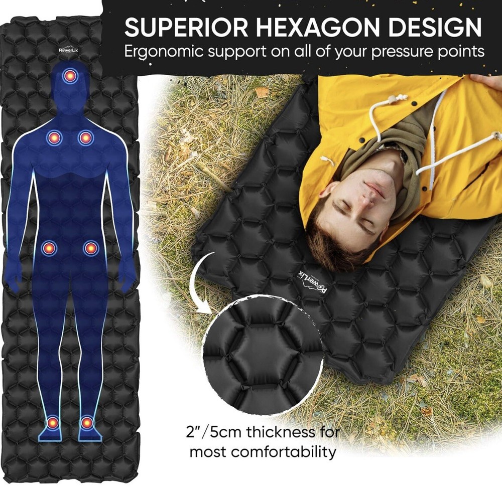 SLEEPING PAD Easy Inflatable Camping Mat, Black Light Weight, Compact, Powerlix