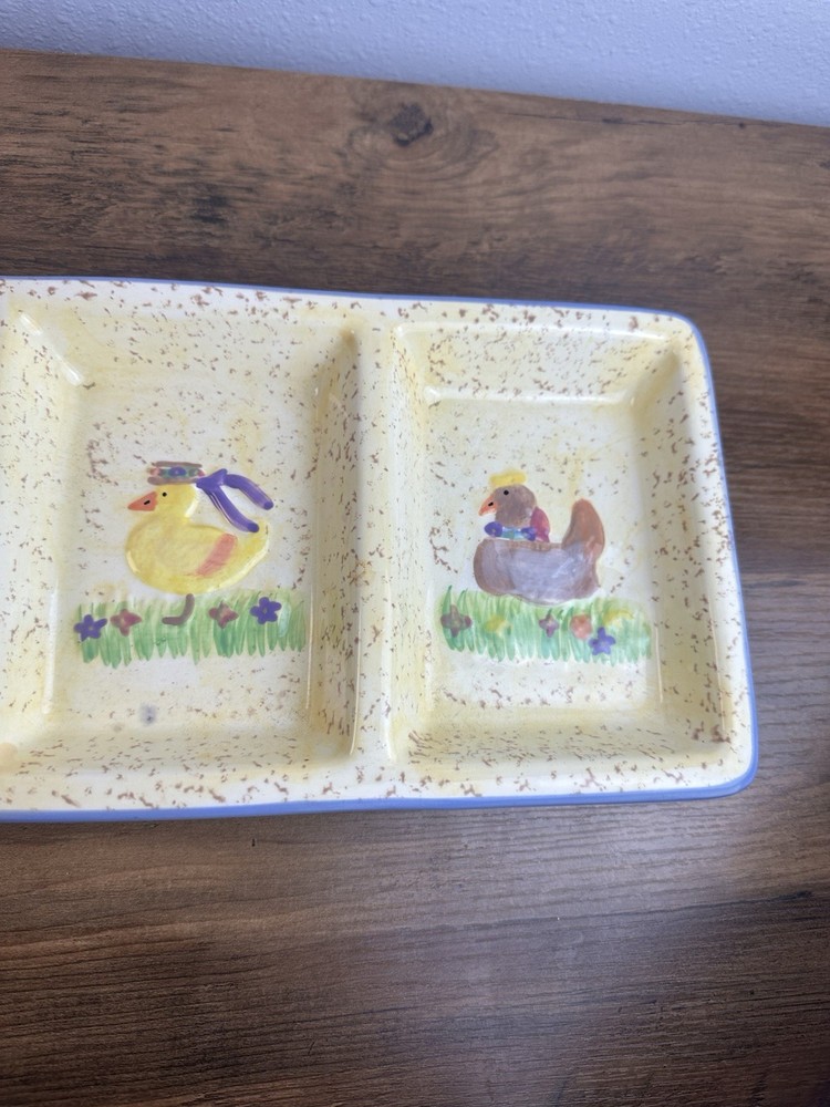 Vintage Easter Bunny Chick Divided Serving Tray 4 Section Spring Platter 17”