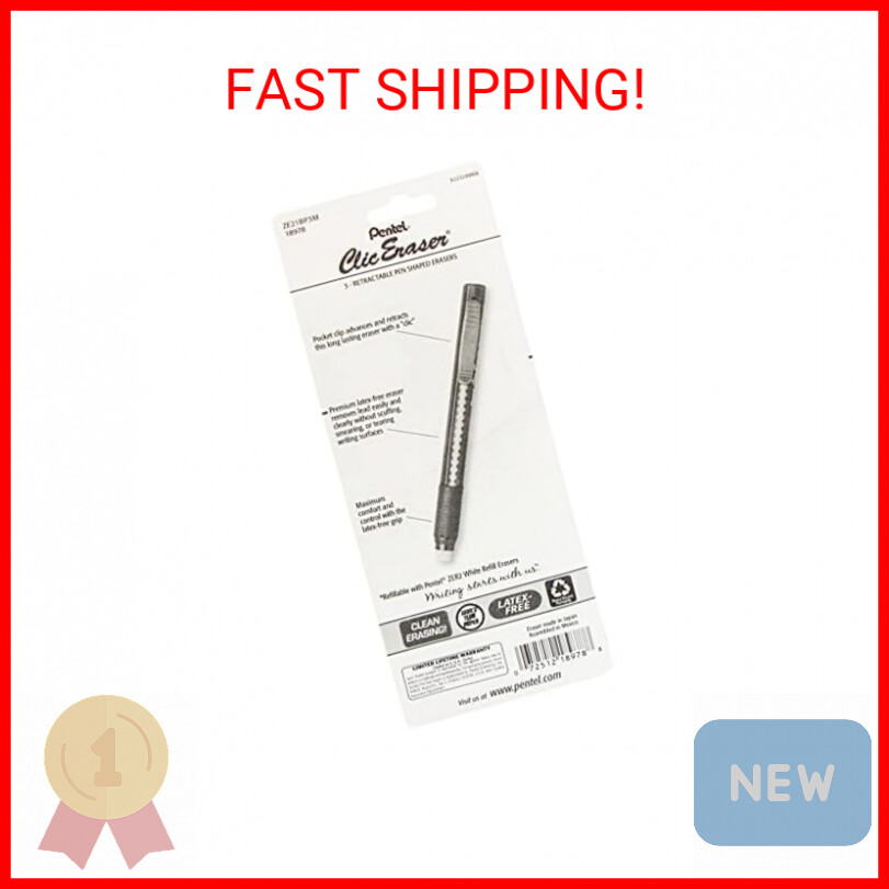 Pentel Clic Retractable Eraser with Grip, 3 Pack