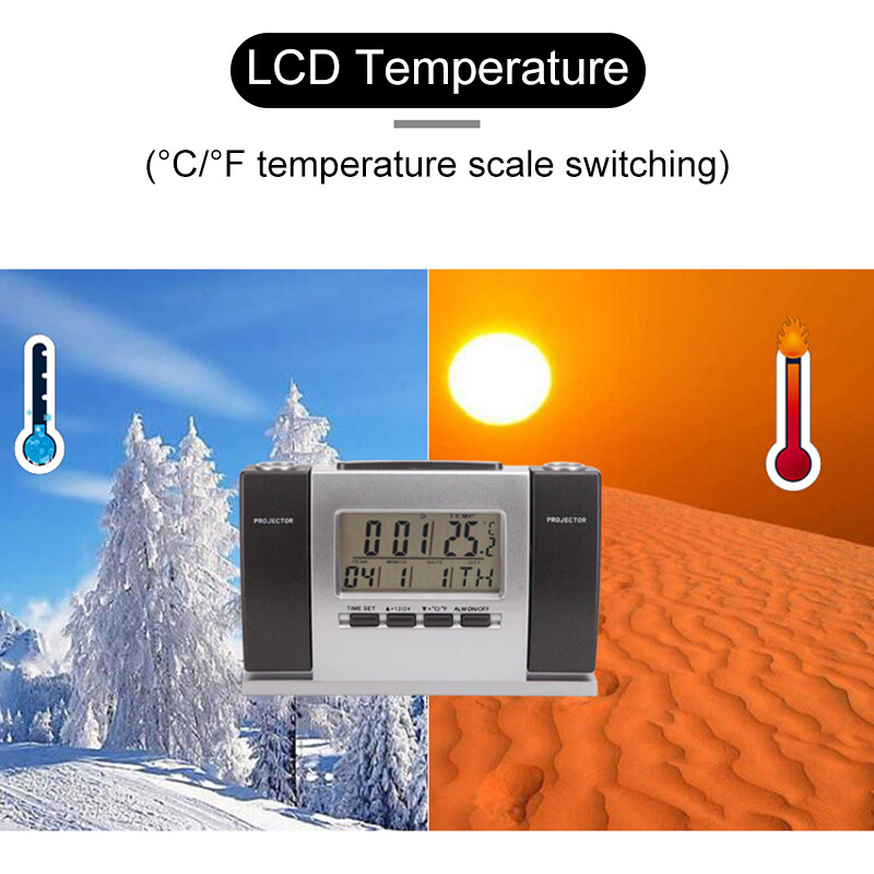 Projection Alarm Clock LCD Multi-function Time Temperature Display Snooze Clock