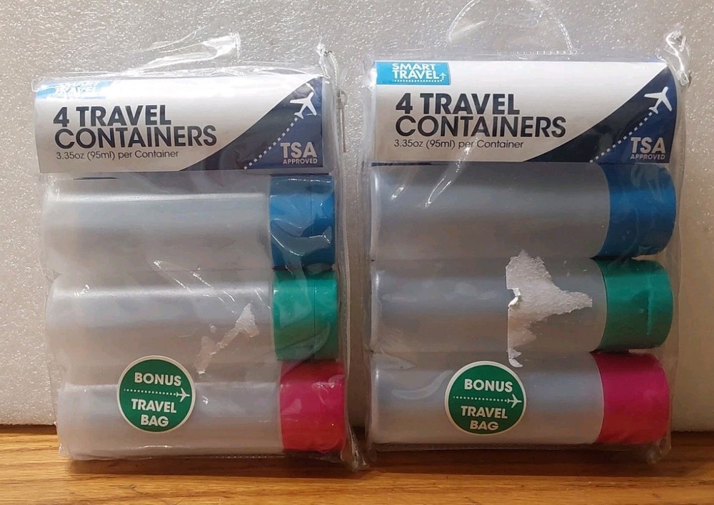 TSA Approved Color Coded Tops Refiilable Travel Containers 3.5oz 4pc 2 Sets