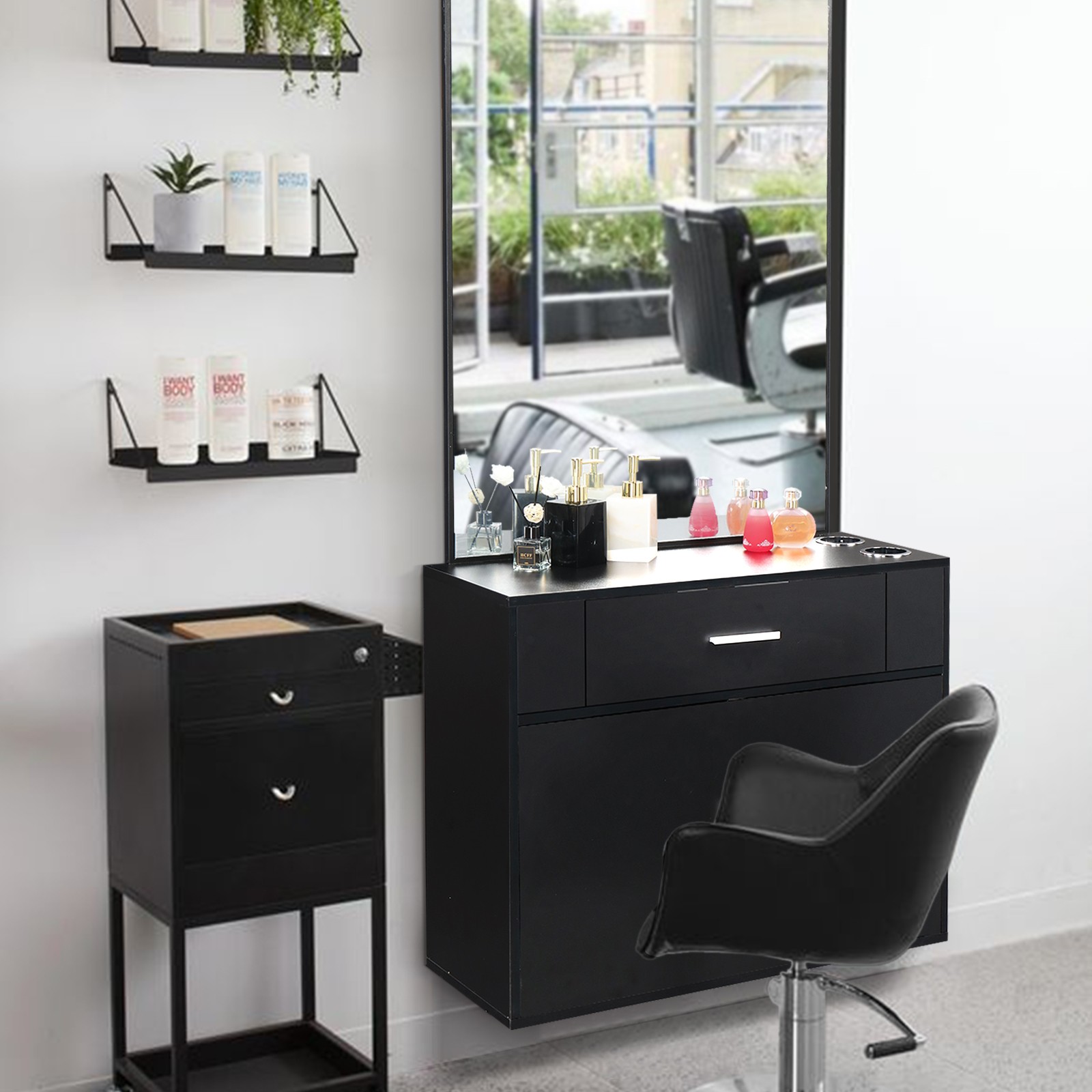 Black Barber Salon Station Wall Mount Hair Stylist Beauty Spa Equipment +Mirror