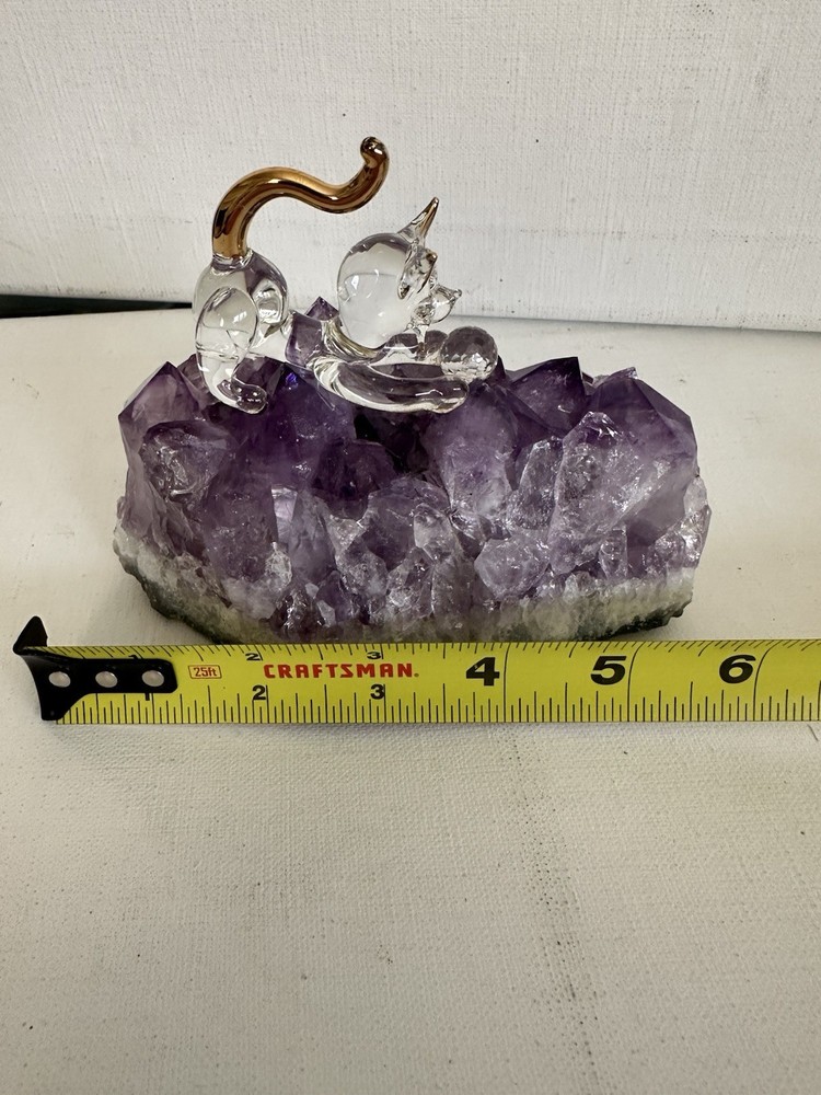 Cat With Rainbow Cut Ball On Amethyst Geode Stone