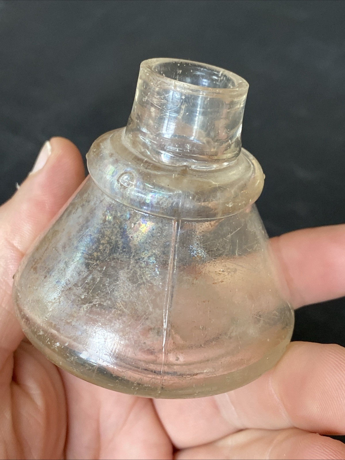 Antique Iridescent Clear Sheered Lip Cone Ring Shoulder 19th C Ink Well Bottle