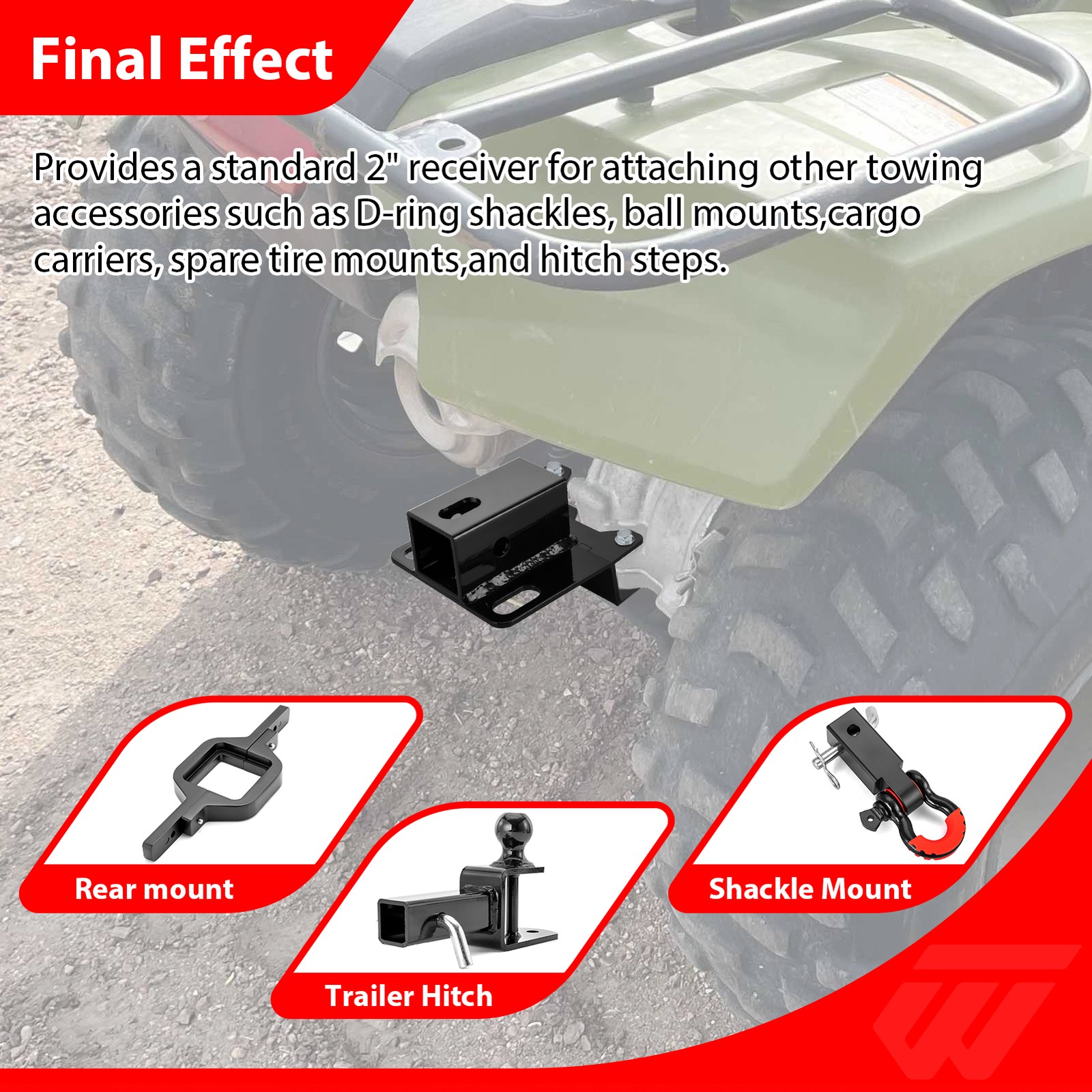 ATV Rear 2" Receiver Towing Hitch For Honda Recon TRX250 2002-2026