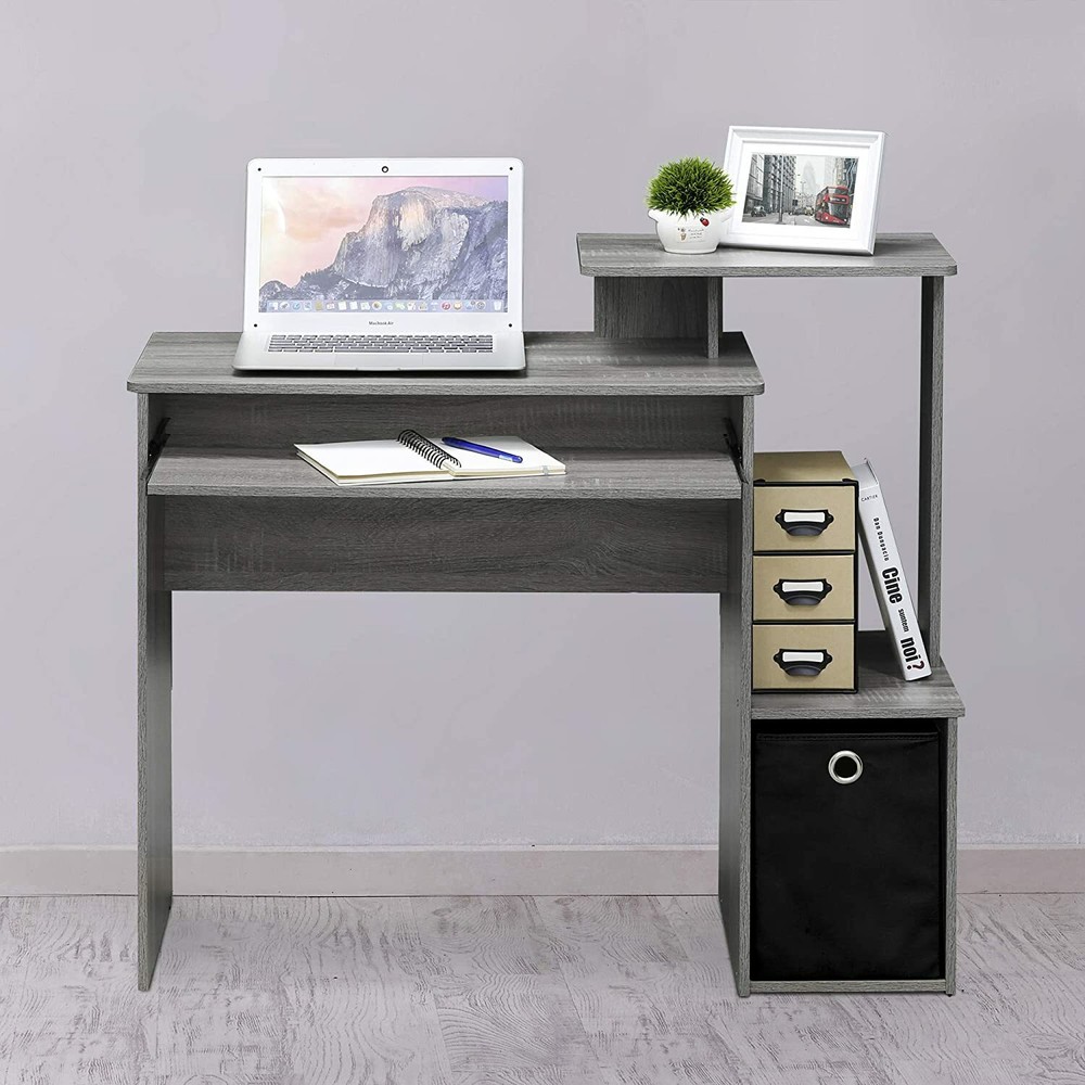 Gray Oak Finish Work Desk Storage Bin Laptop Computer Table Office Workstation
