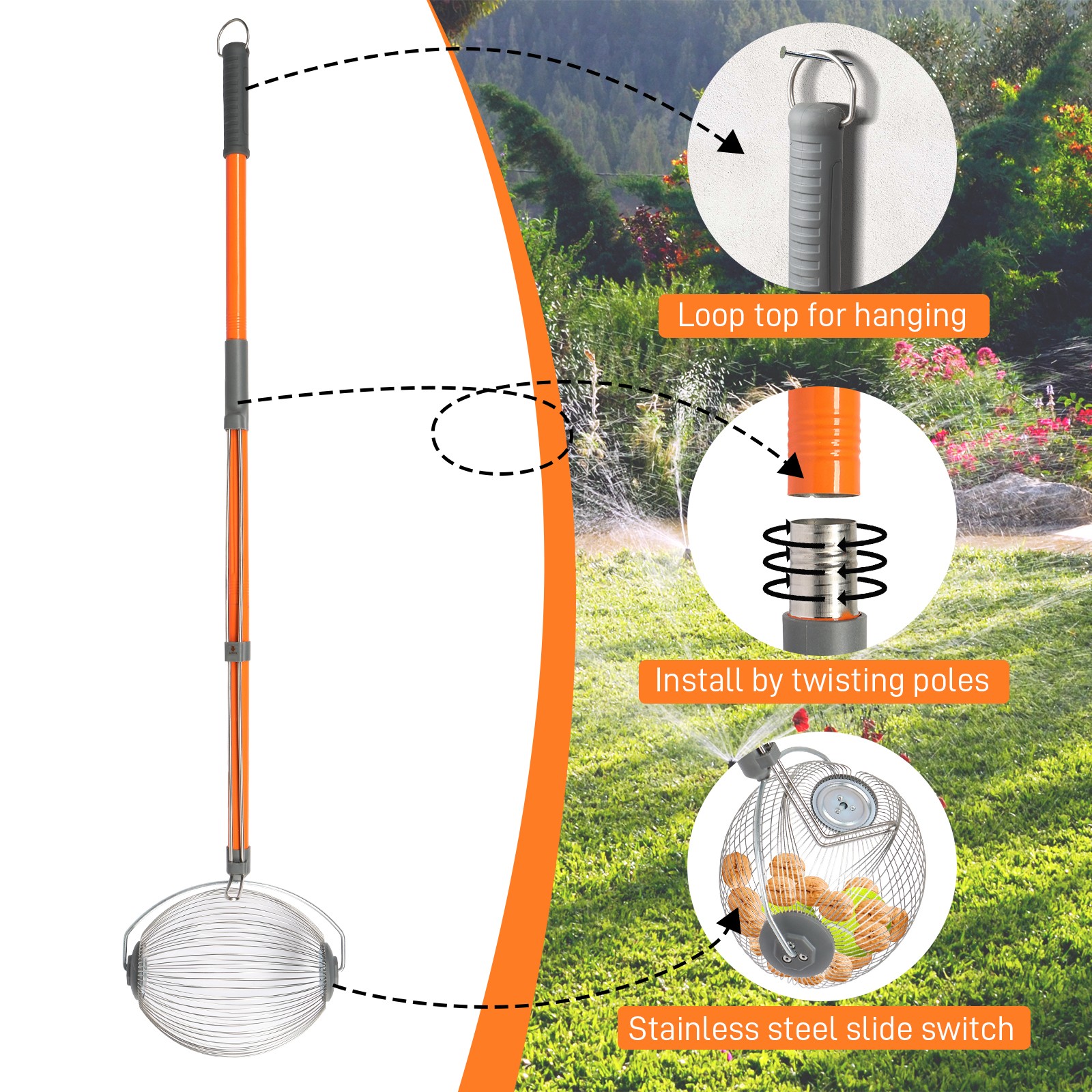 Garden Weasel Large Nut Gatherer Weather and Rust Resistant, Long Pole