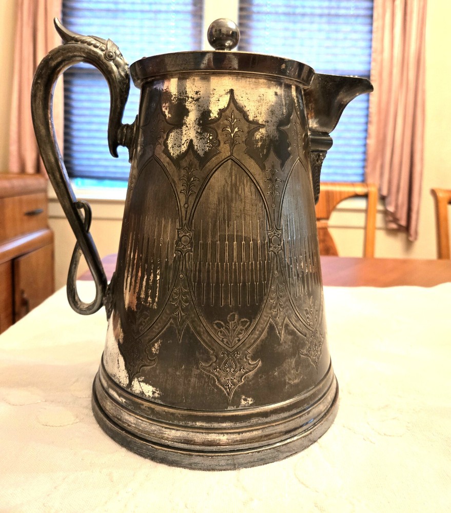 JAS. STIMPSON Silver Plated Ice Water Pitcher, Ceramic Liner, 1868 Victorian