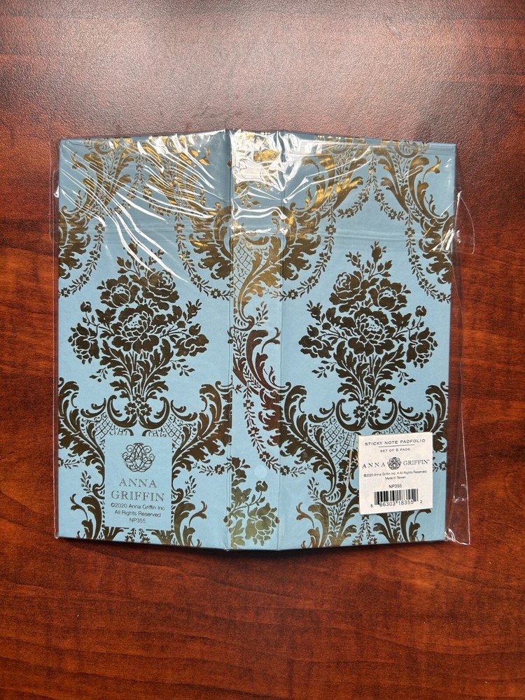 READ DESC. NEW Anna Griffin Sticky Note Padfolio. Blue with Gold Leaf Pattern.