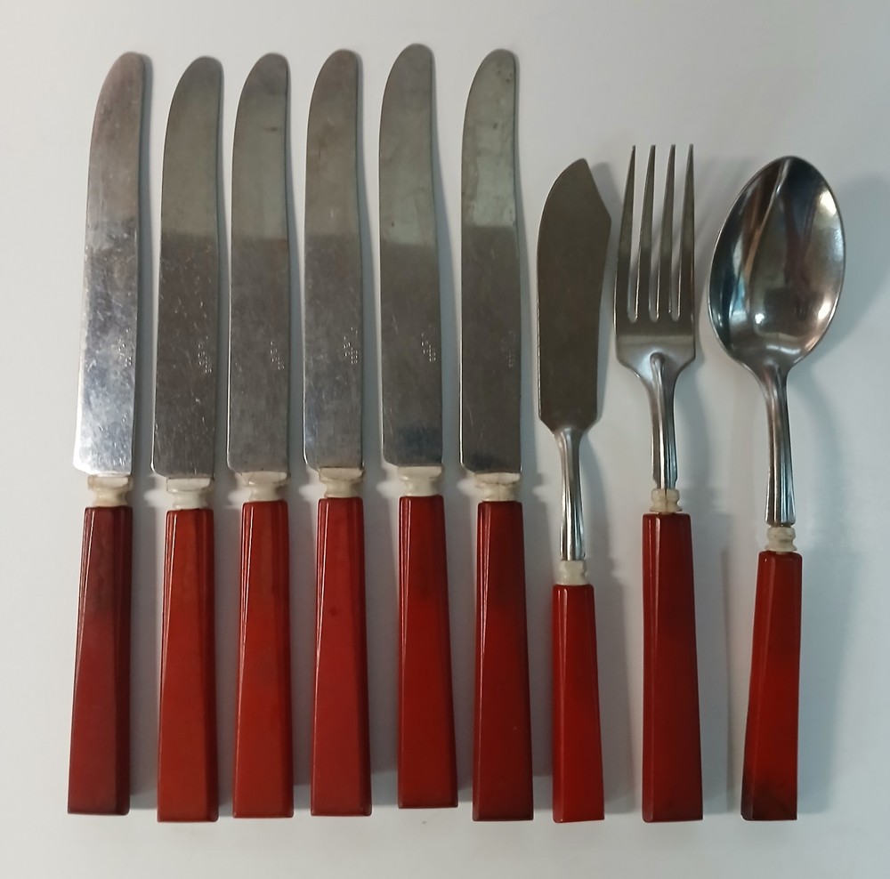 Vintage Art Deco Red Bakelite Handle Flatware