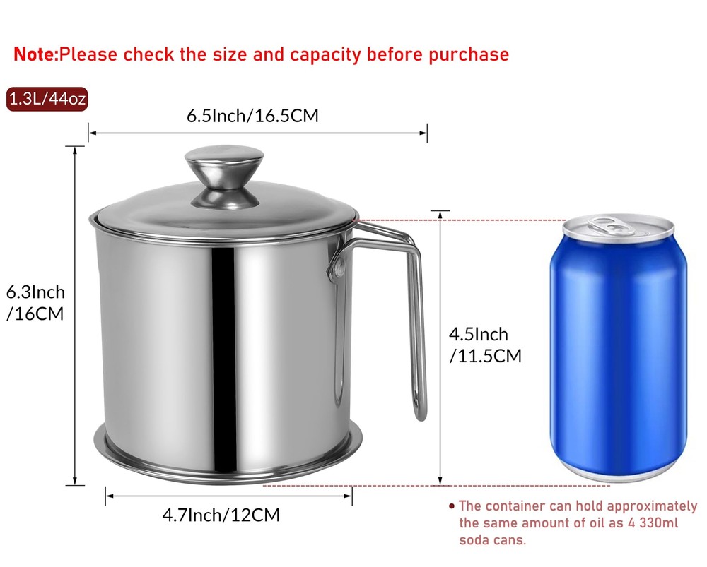 44oz Bacon Grease Container with Fine Strainer and Dustproof Lid for Kitchen