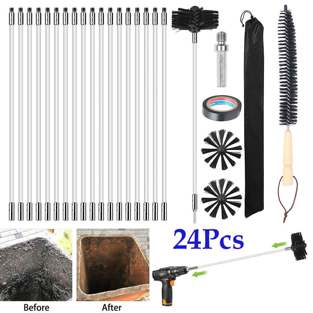24pcs Flue Sweeping Brush & Rod Kit Soot cleaning Rods Chimney Sweep Set Plastic
