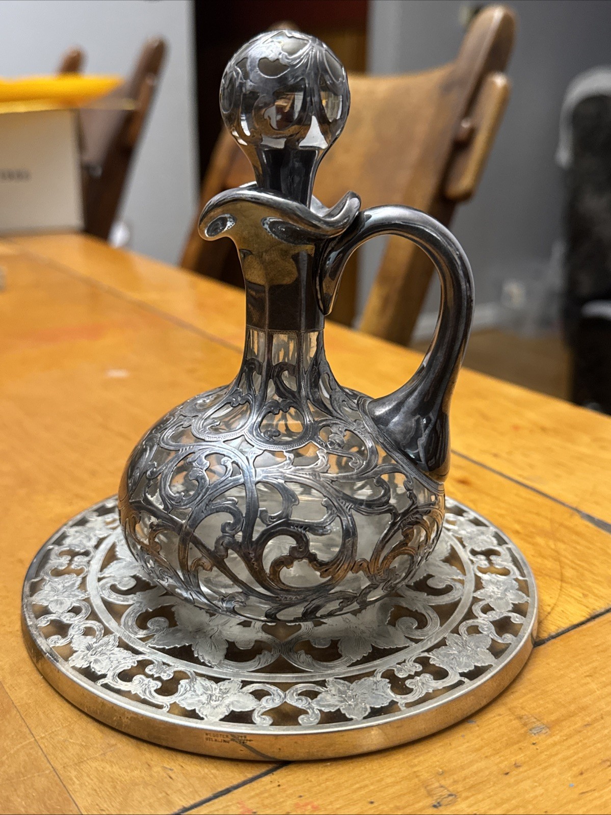 Antique Silver 999 100g Overlay Crystal Decanter /Webster Sterling Tray Unique!