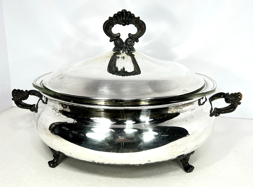 VTG Rogers Silverplate Footed Lidded Casserole Dish & 3.5QT Pyrex Glass Insert