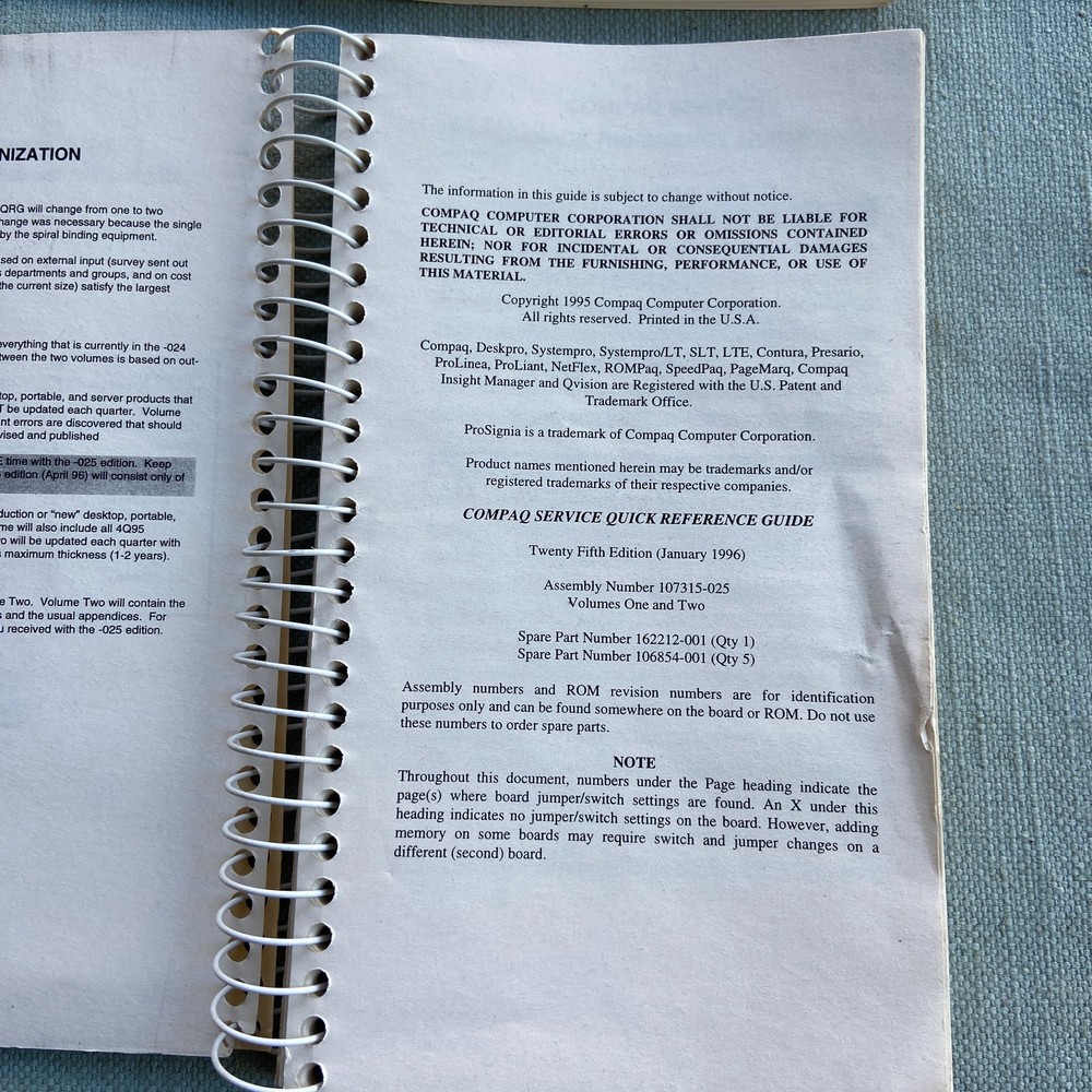 Compaq Computer Quick Reference Guide Volume One 25 Edition 1989 1996 Vintage